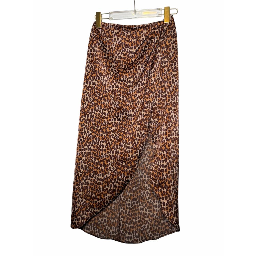 Urban Outfitters Leopard Print Skirt High Low Brown Stretchy Satin Maxi Small